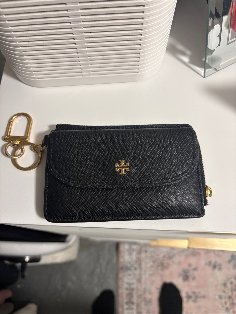 Tory Burch Black Saffiano Leather Key Card Wallet with Gold Logo